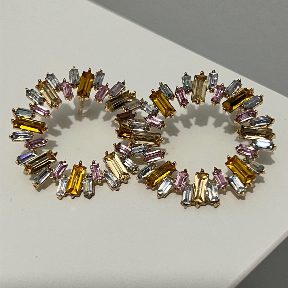 Hoop Earrings Gold Tone Crystal Baguette Multicolor Gemstones Statement‎ Jewelry